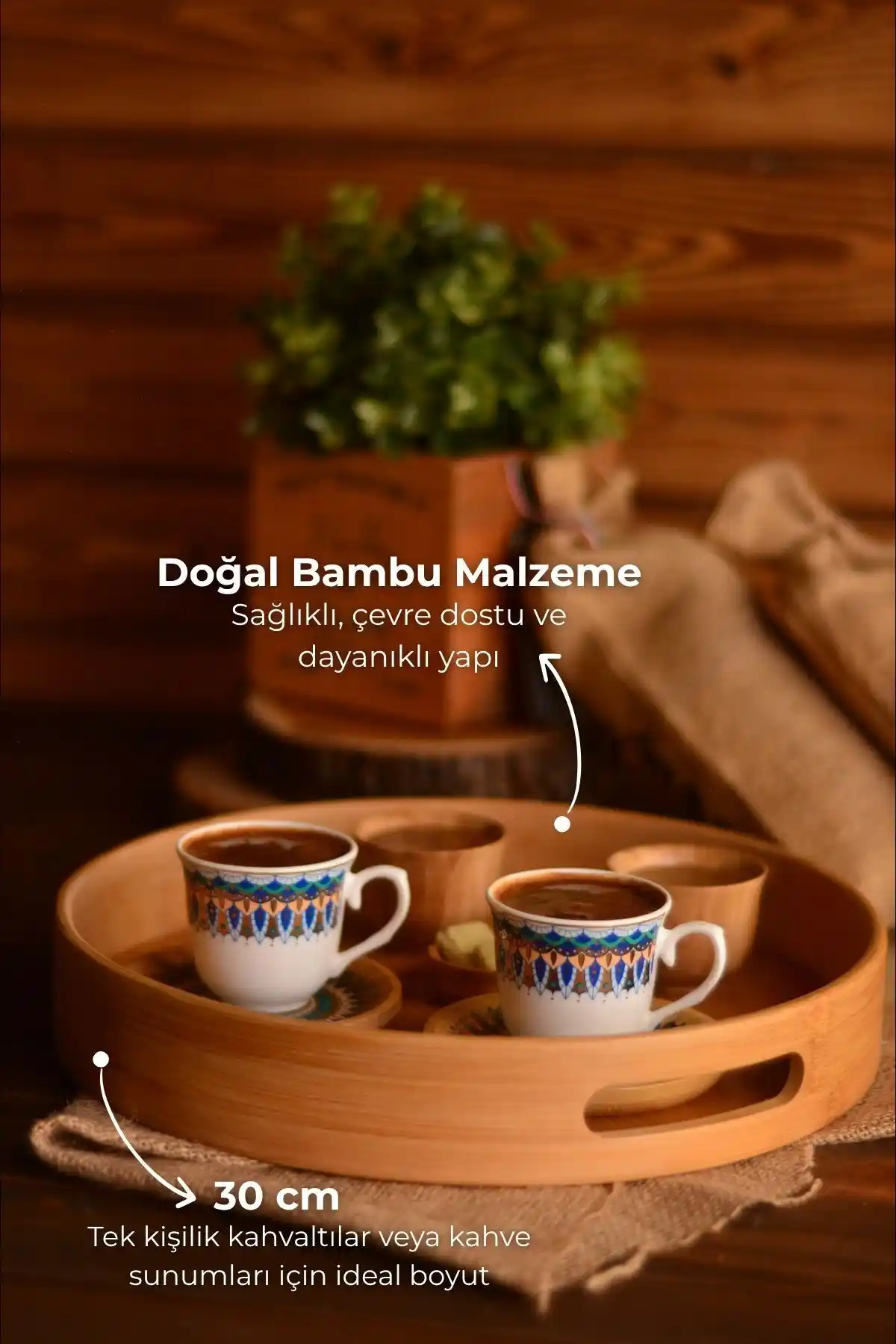 Bambum Carne Yuvarlak Tepsi 30 cm doğal bambu malzemesiyle şık ve dayanıklı mutfak aksesuarı