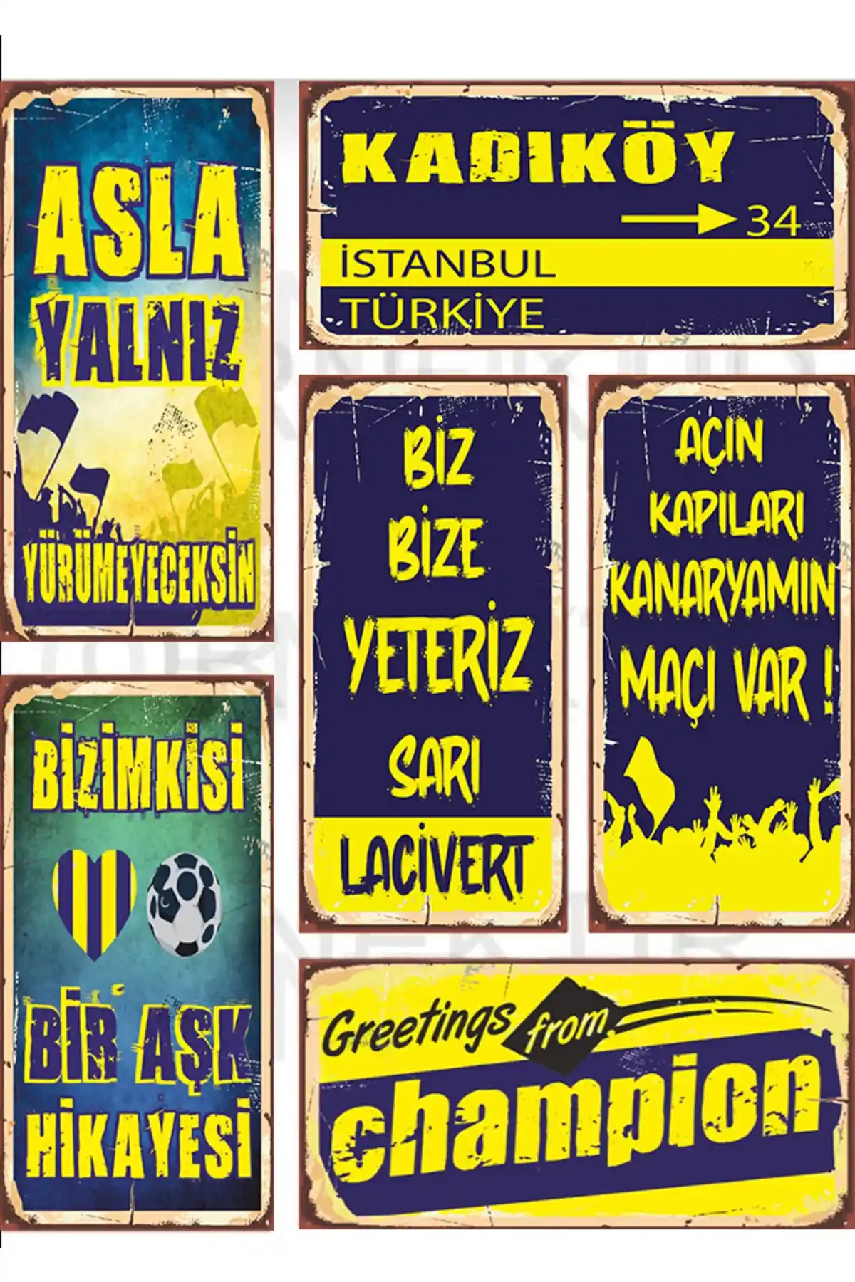 Baskı Atölyesi Sarı Lacivert 6'lı Ahşap Pano Seti Modern ve Şık Dekoratif Parça