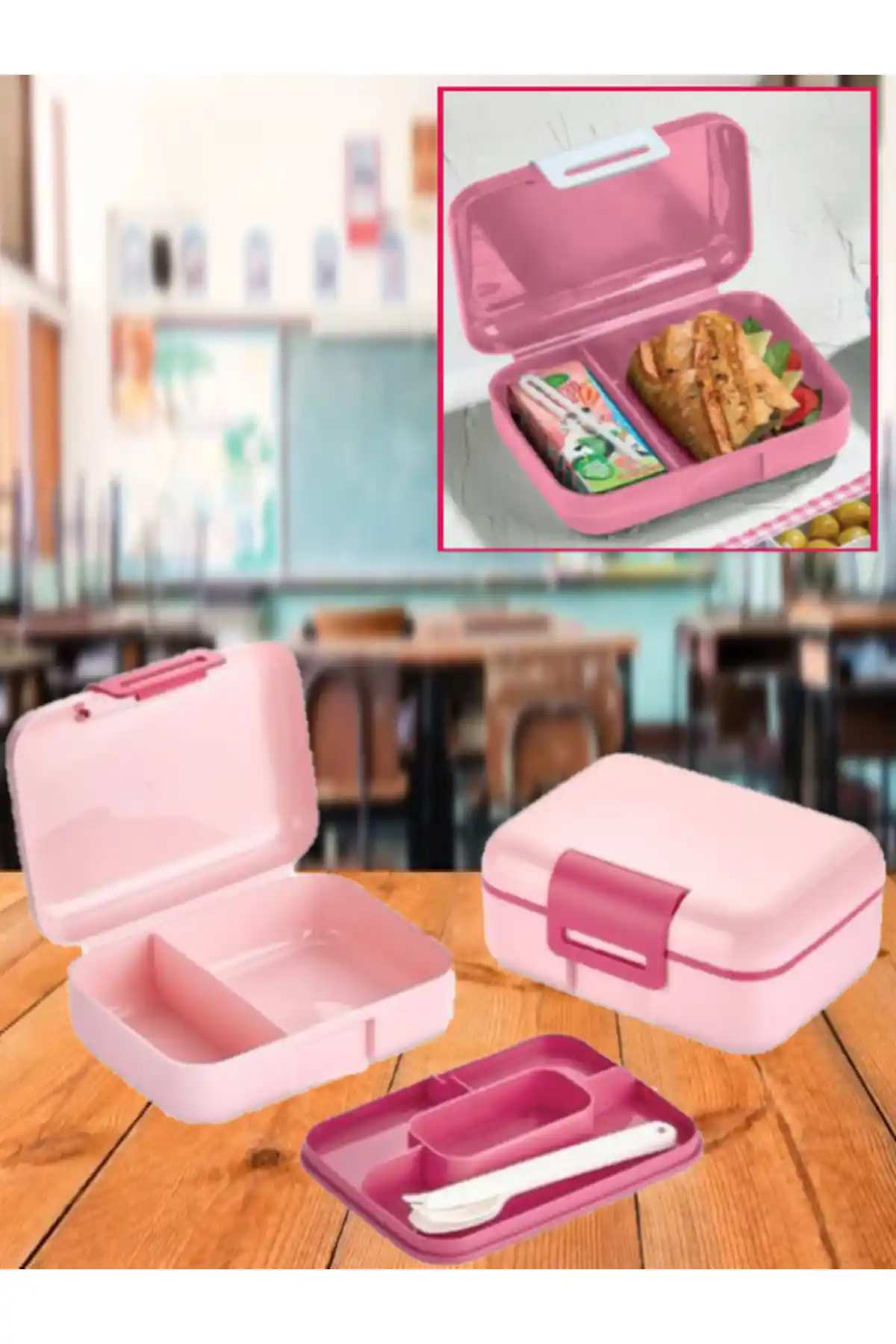 Bayev Pembe Katlı Bölmeli Kilitli Beslenme Kutusu ve Kaşık Seti Sağlıklı ve Pratik Kullanım İçin