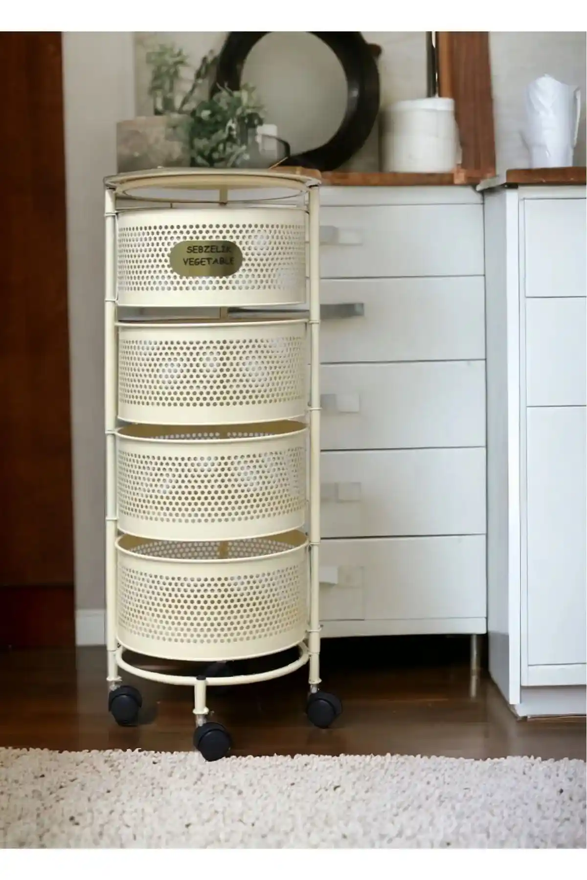 Bayev Salda Krem 4 Katlı Tekerlekli Sebzelik ile Mutfak Düzeninizi Optimize Edin