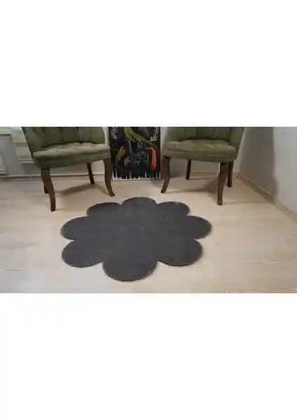 Besely Koyu Gri Renk Dekoratif Papatya Model Peluş Halı Yüksekliği 20mm Kaymaz Taban