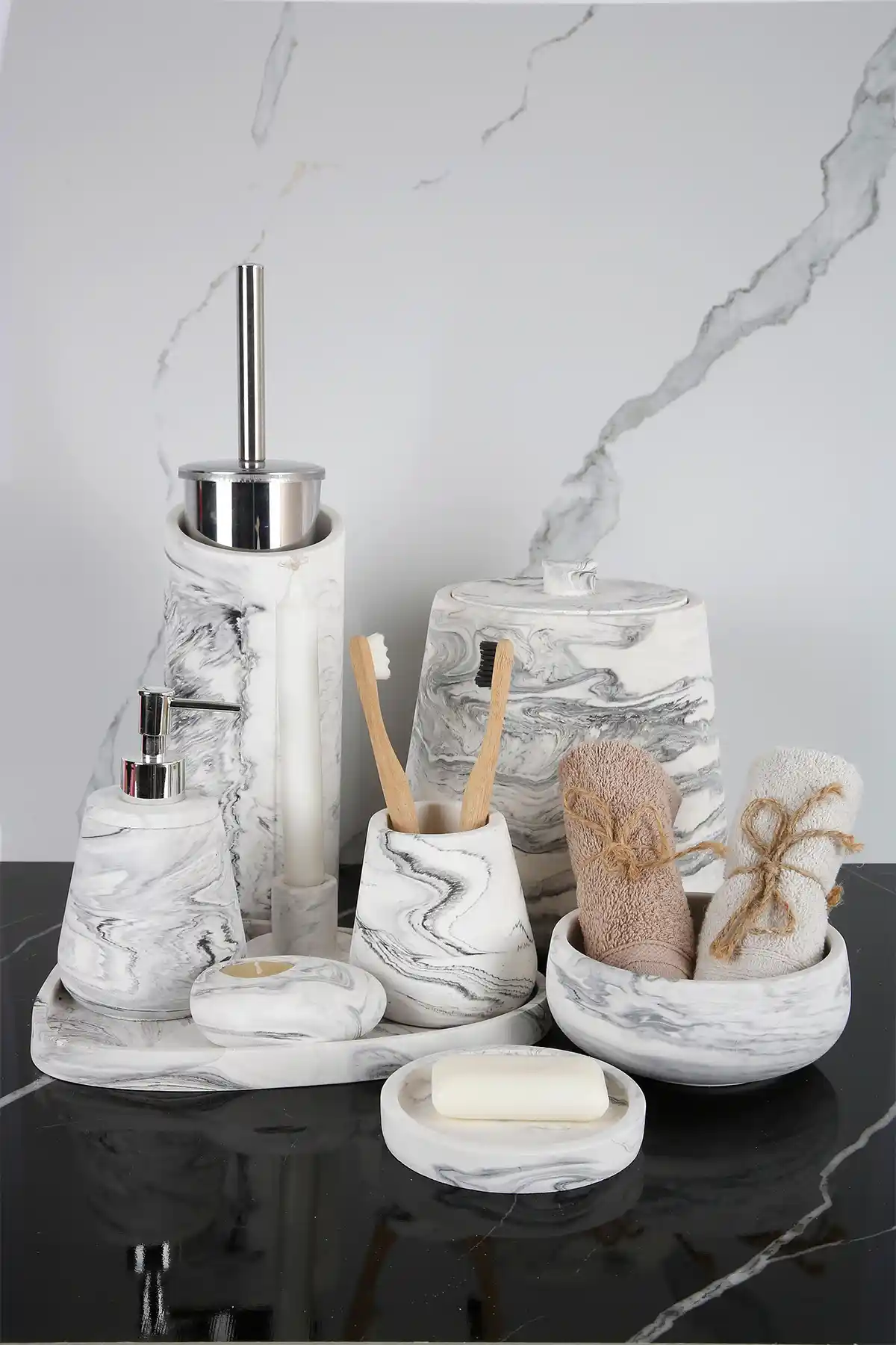 Betonmall 11 Parça Mermer Desenli Beton Banyo Seti Modern ve Fonksiyonel Tasarım