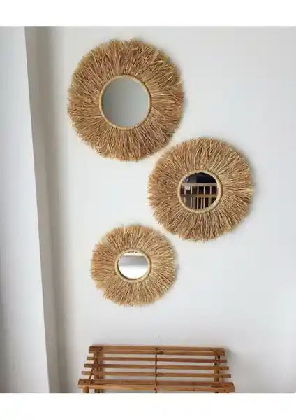 BH Bohem El Yapımı 3'lü Rafya Ayna Seti Doğal ve Şık Dekorasyon Seçeneği
