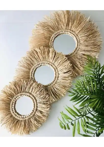 BH Bohem Handmade Dekoratif Rafya Ayna Duvar Süsü: Doğal ve Şık Bohem Tarzı Dekorasyon Ürünü