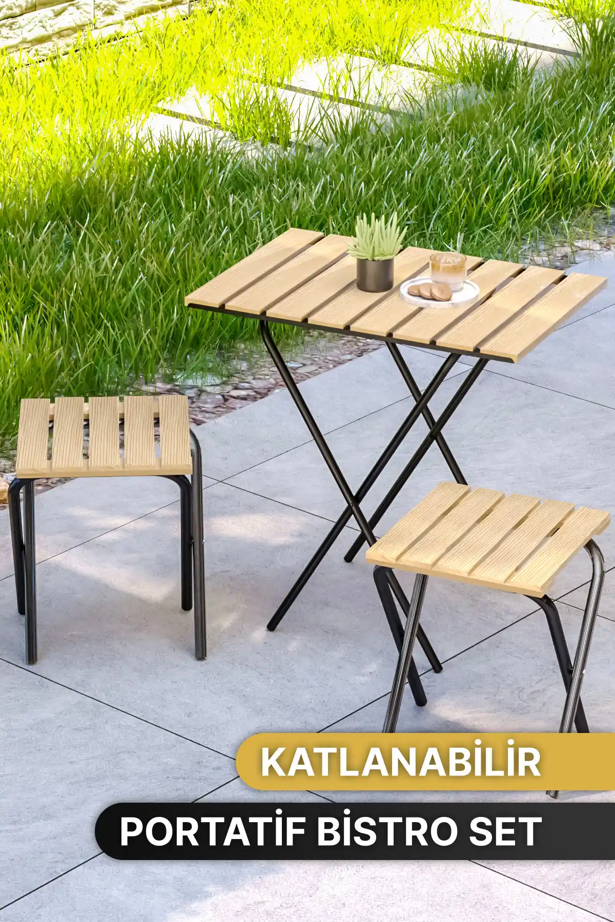 Bino Bahçe Masası ve Sandalye Seti Yükseklik Ayarlı Retro Ahşap Tasarım