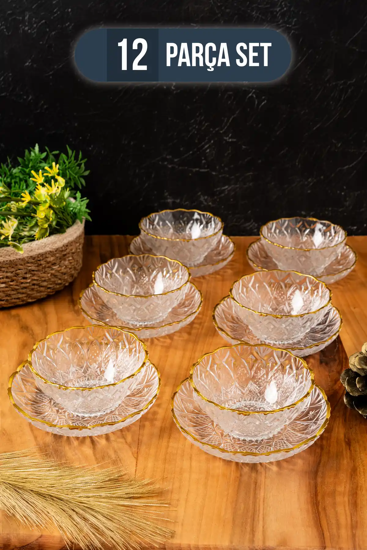 BLN BELEN HOME Altın Detaylı Cam Seti 6 Kişilik Şık ve Dayanıklı Servis Seti