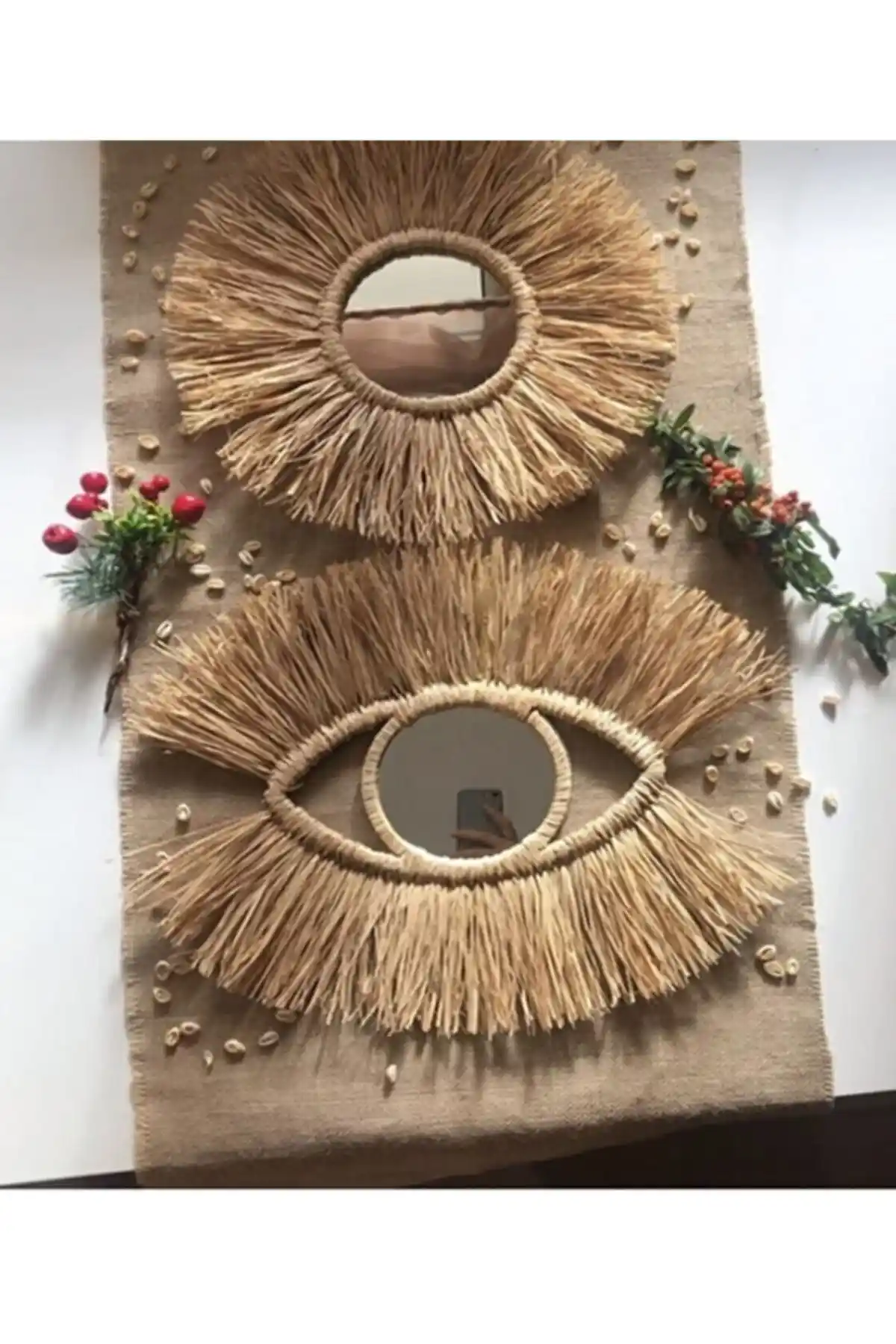 Bohem Tarzını Yansıtan El Yapımı Göz Rafya ve Yuvarlak Ayna Seti Dekoratif Parça