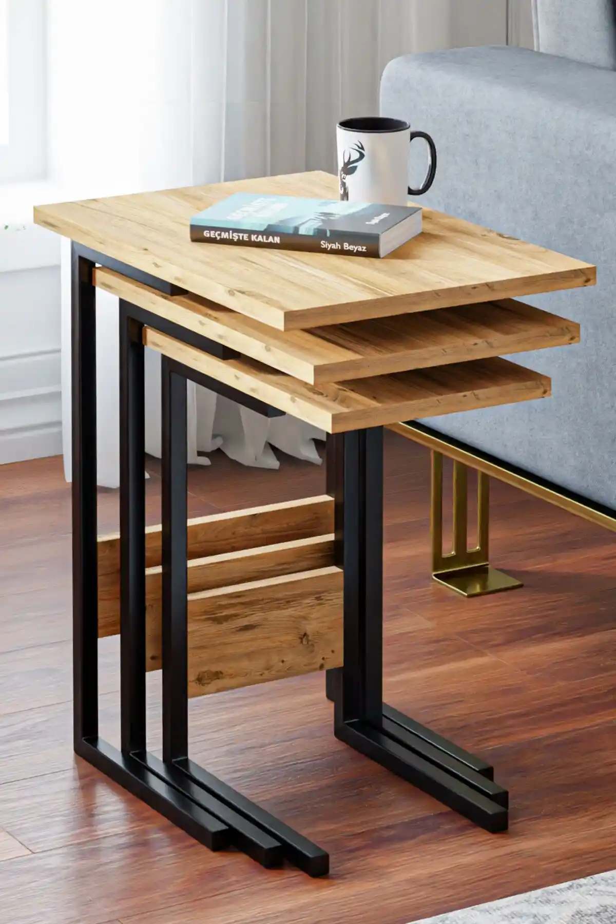 Ceramical Zg3 Metal Ayaklı 3'lü Zigon Sehpa Çam Rengi Modern ve Minimalist Tasarım