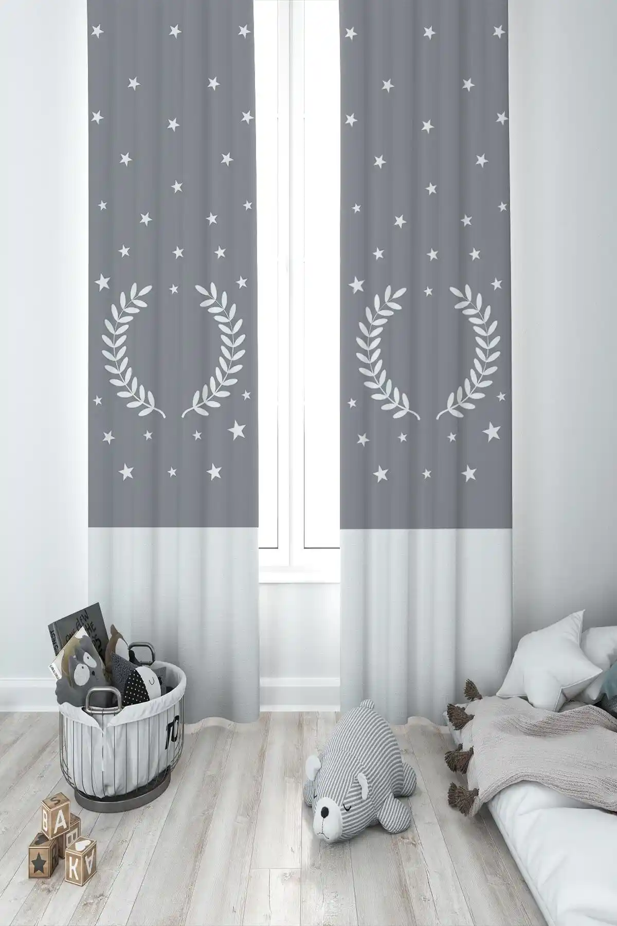 Çocuk ve Bebek Odası İçin Şık ve Dayanıklı Yıl<dı>zlar ve Buğday Desenli Fon Perde