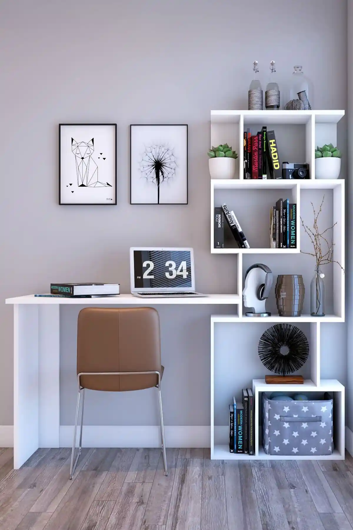 Dekoronya Marla Kitaplıklı Çalışma Masası Beyaz Modern Ofis Mobilyası Çözümü