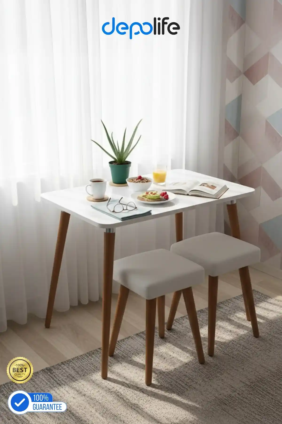 Depolife Ahşap Gürgen Ayaklı 2 Tabureli Modern Mutfak ve Yemek Masası Takımı