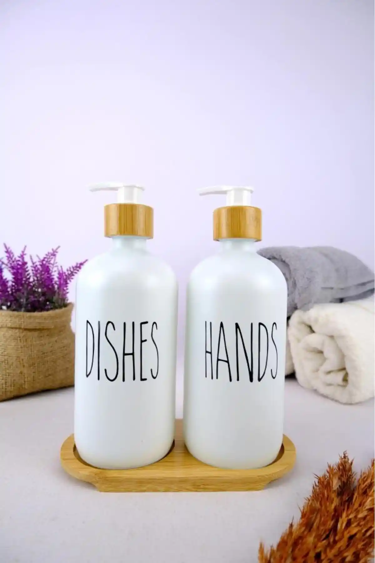 Digithome Çiftli Ahşap Standlı Cam Sıvı Sabun ve Bulaşık Deterjanı Seti