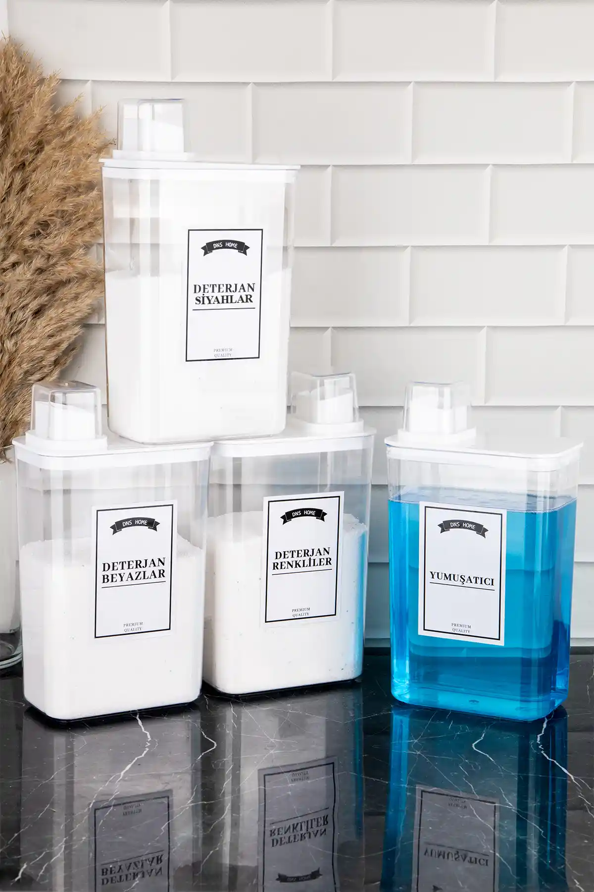 DNS HOME 4'lü Deterjan Saklama Kabı Bej Renkli ve Geniş Hacimli Mutfak Düzeni İçin