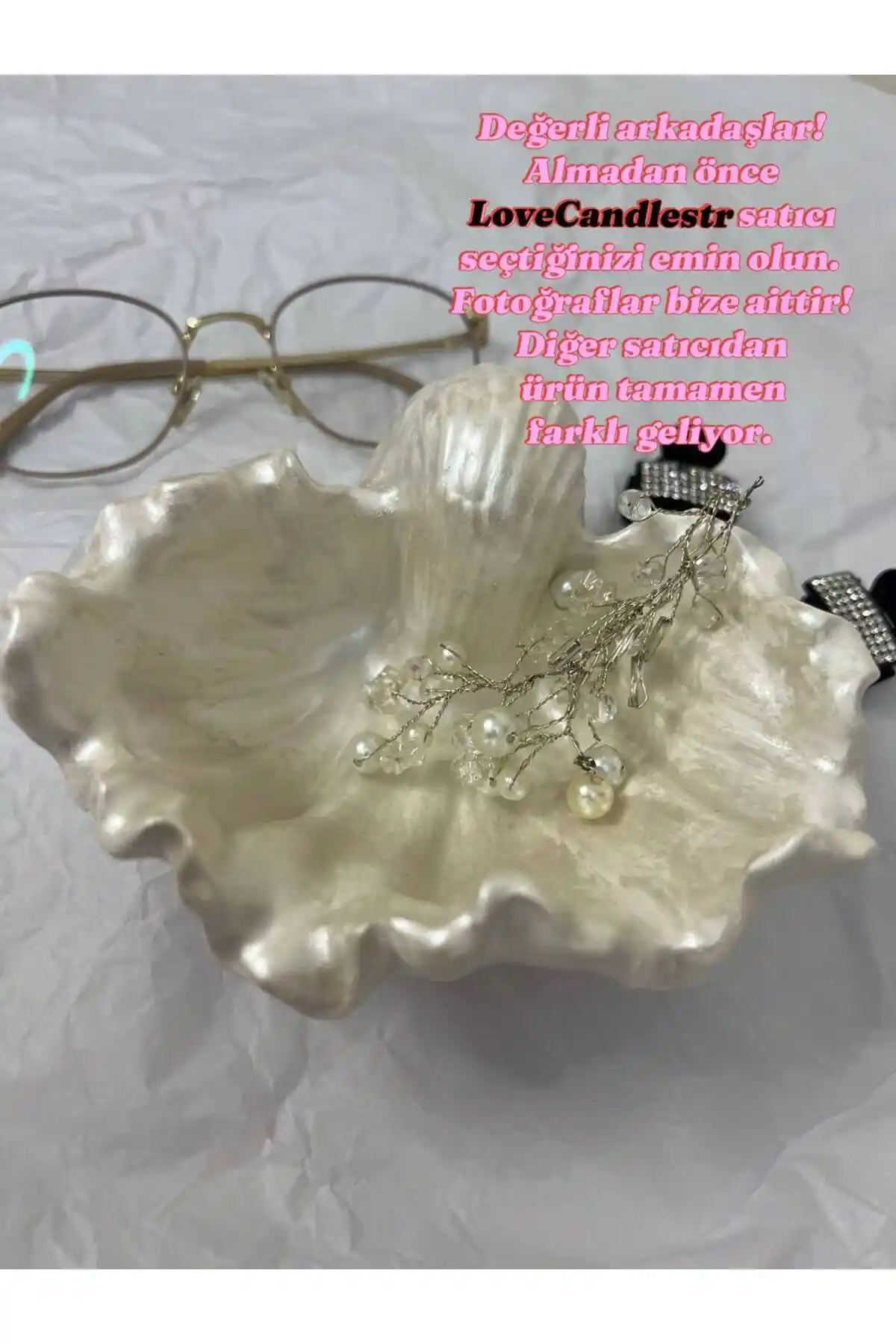 Doğa Temalı Modern Dekoratif Takı Tabağı İnci Görünümlü Deniz Kabuğu Detaylarıyla