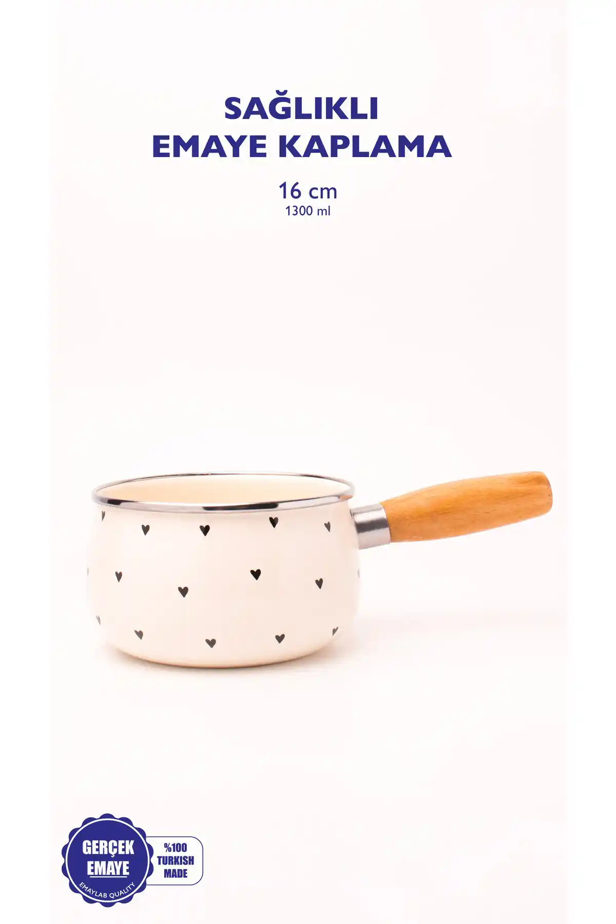 EMAYlab Siyah Aşık Kalp Desenli Ahşap Saplı Emaye Sos Tavası 1,3 Litre