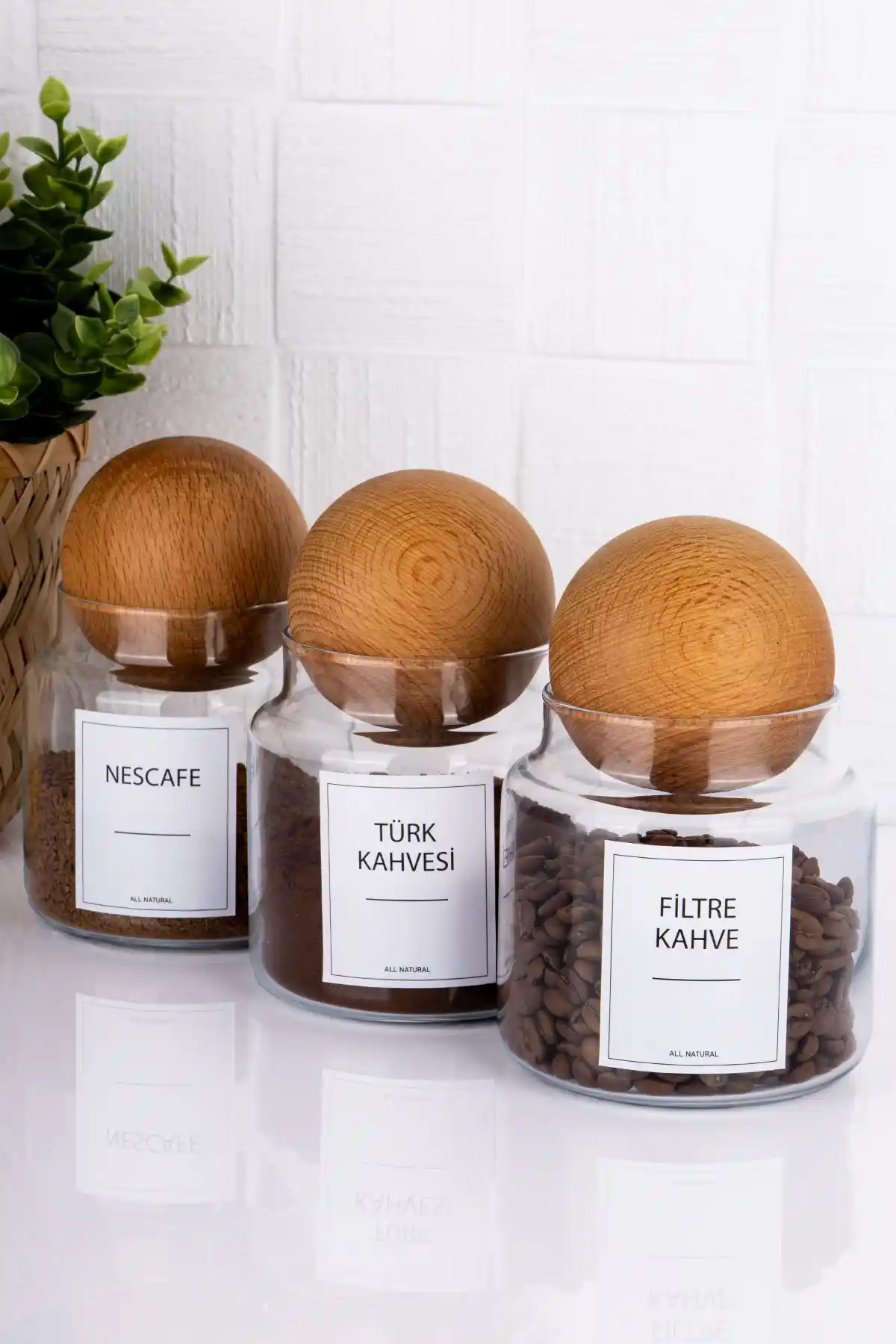 Evde Kahve Keyfini Artıran Ahşap Kapaklı Cam Kavanoz Seti 3'lü