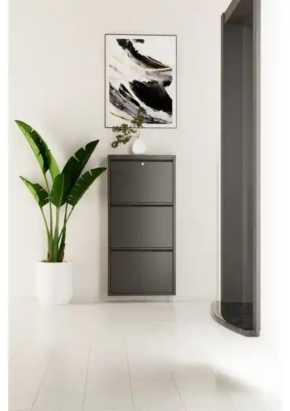 EVDEMO Kilitli 3 Kapaklı Metal Ayakkabılık Antrasit Modern ve Dayanıklı Tasarım