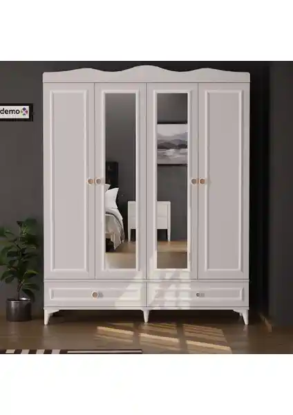 EVDEMO Nova 4 Kapaklı 2 Çekmeceli Aynalı Gardrop Beyaz Modern ve İşlevsel Tasarım