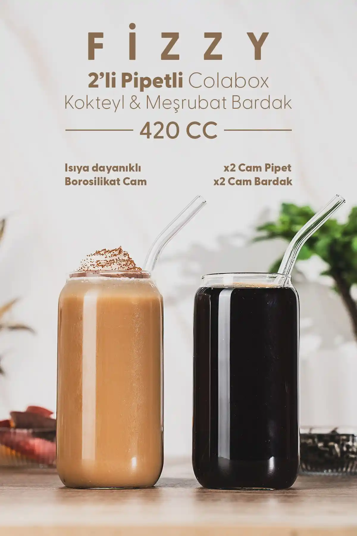 Fhilli Fizzy 2'li Pipetli Colabox Cam Bardaklar Modern Tasarım ve Dayanıklılık