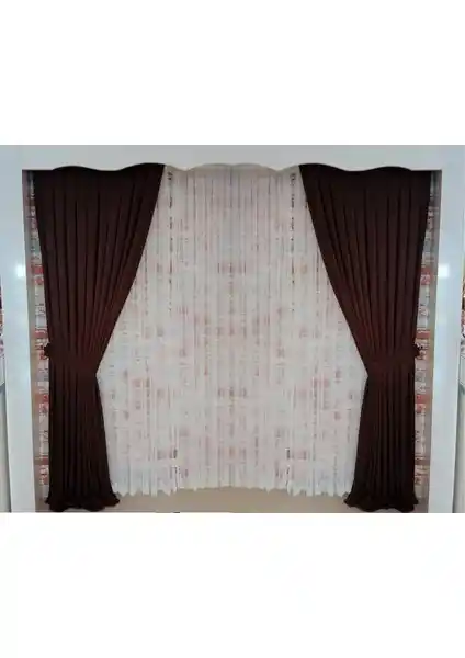 Figen Perde Acı Kahve Renk Fon Perde Çift Kanat 1/3 Sık Pileli Dikim V-13