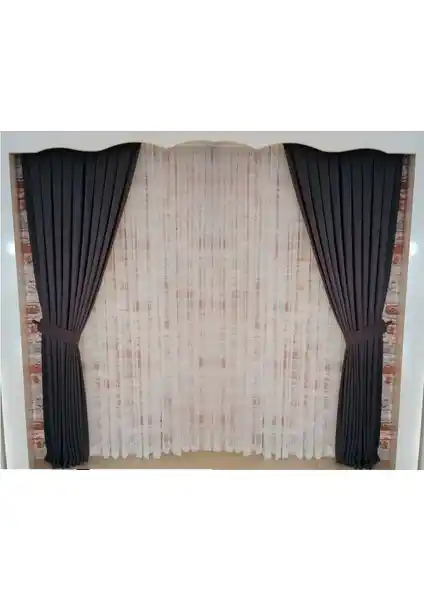 Figen Perde Koyu Gri Renk Fon Perde Çift Kanat 1/3 Sık Pileli Dikim V-69