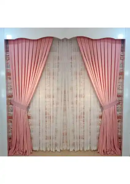 Figen Perde Pembe Kadife Fon Perde Çift Kanat 1/3 Sık Pileli Modern Tasarım