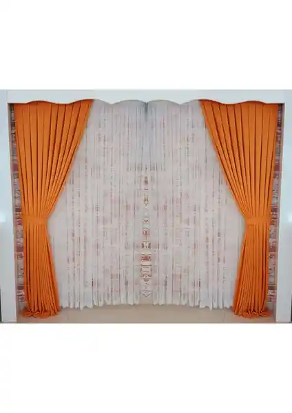 Figen Perde Turuncu Kadife Çift Kanat Perde 1/3 Sık Pileli Modern ve Dayanıklı Tasarım