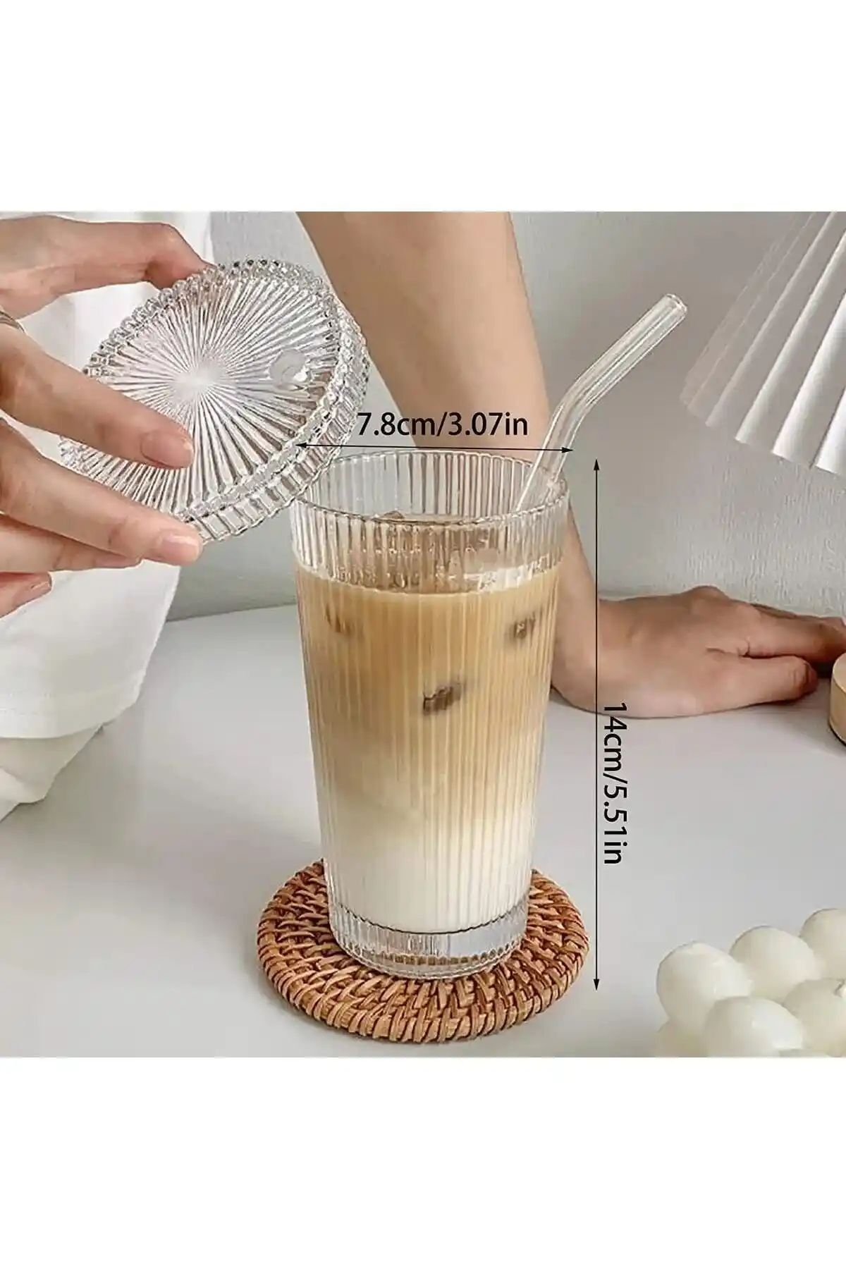 Genel Markalar 2'li Set Pinterest Model Origami Çizgili Mika Kapaklı Cam Pipetli Bardak