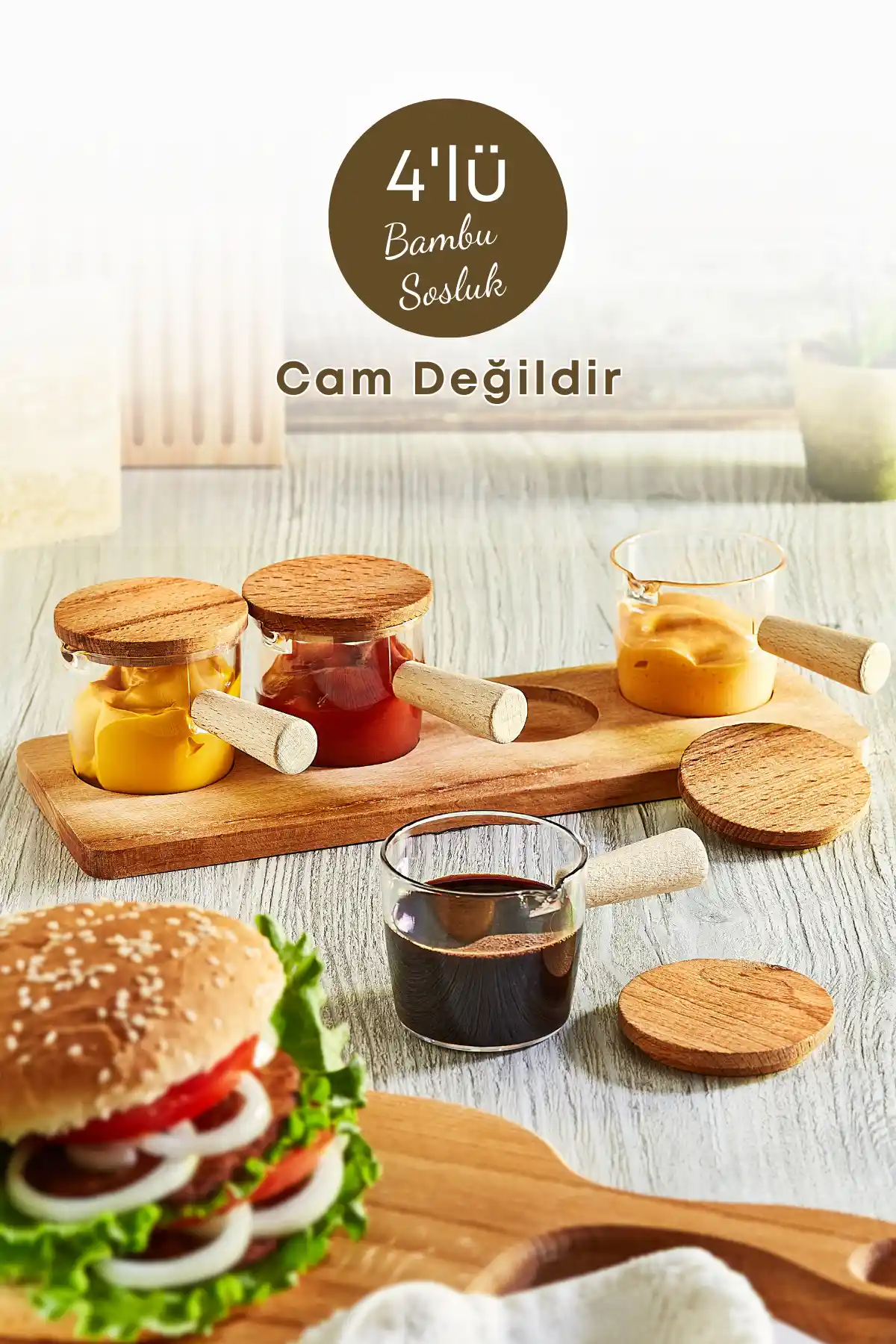 GRİMOR Life 4'lü Ahşap Standlı Bambu Mikadıl Sosluk ve Reçellik Seti