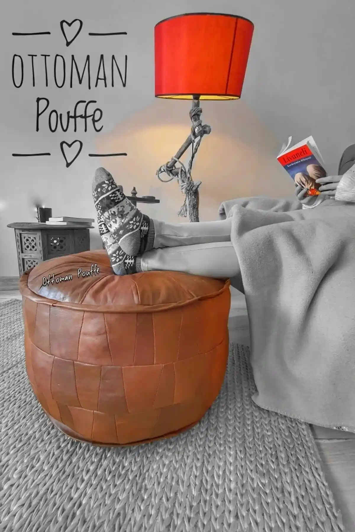 Hakiki Kuzu Derisinden El Yapımı İskandinav Bohem Puf Modern Dekorasyon İçin