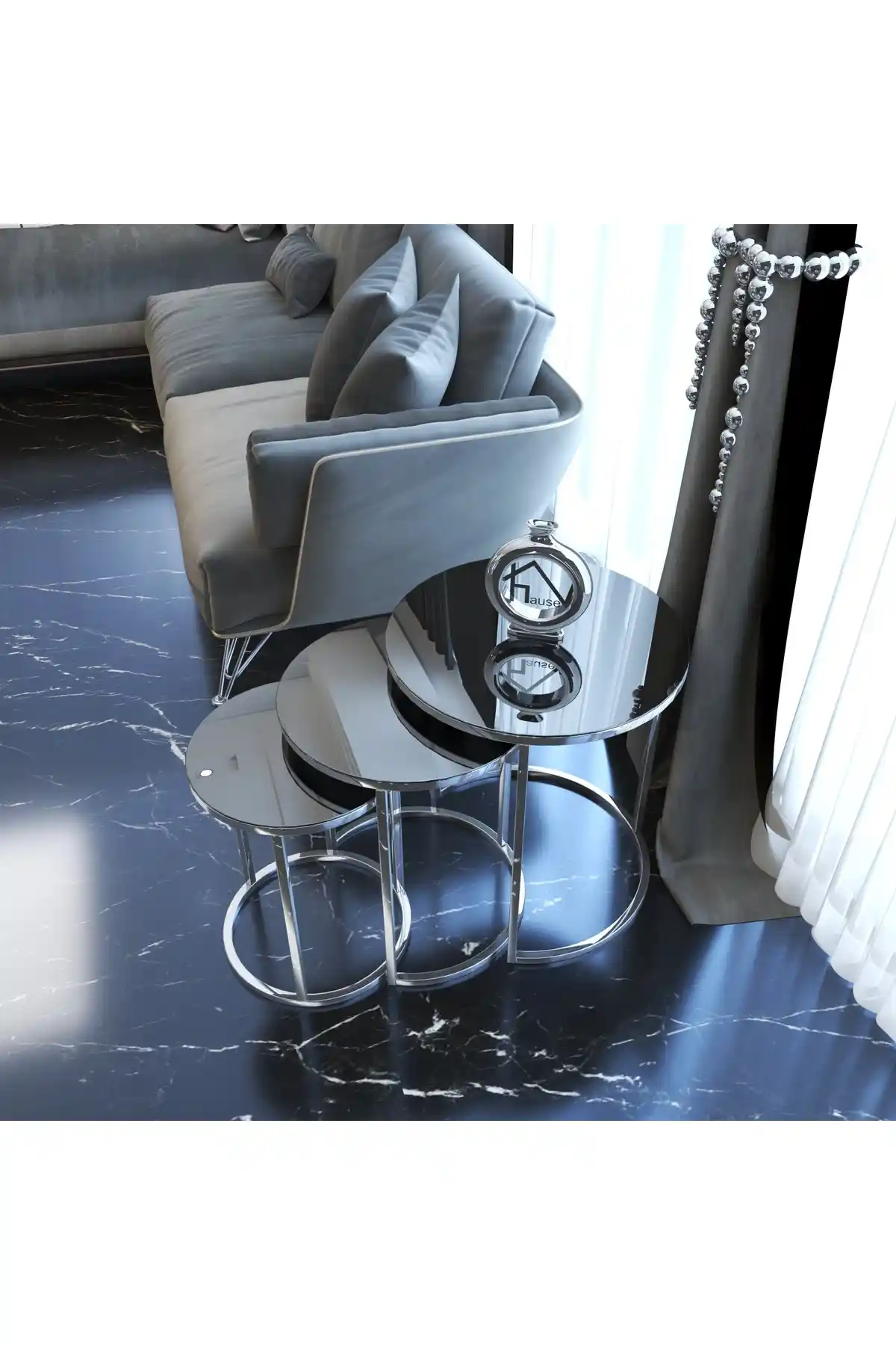 HausE V Gümüş Metal Zigon Sehpa Takımı Modern ve Şık Dekorasyon Unsuru