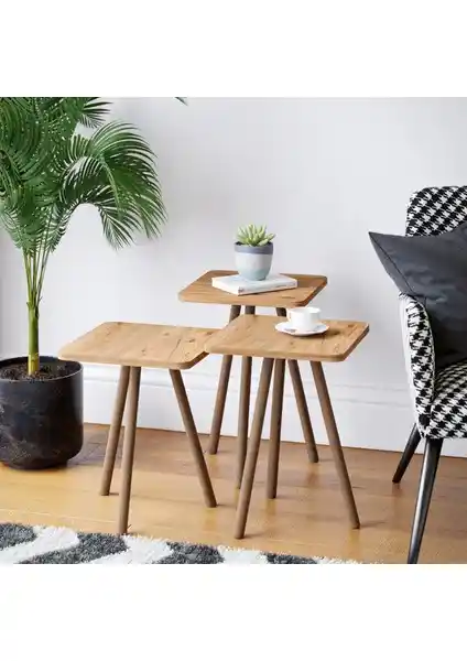 İntergo 3'lü Zigon Sehpa Ahşap Ayaklı Kare Tasarım Atlantik Çam