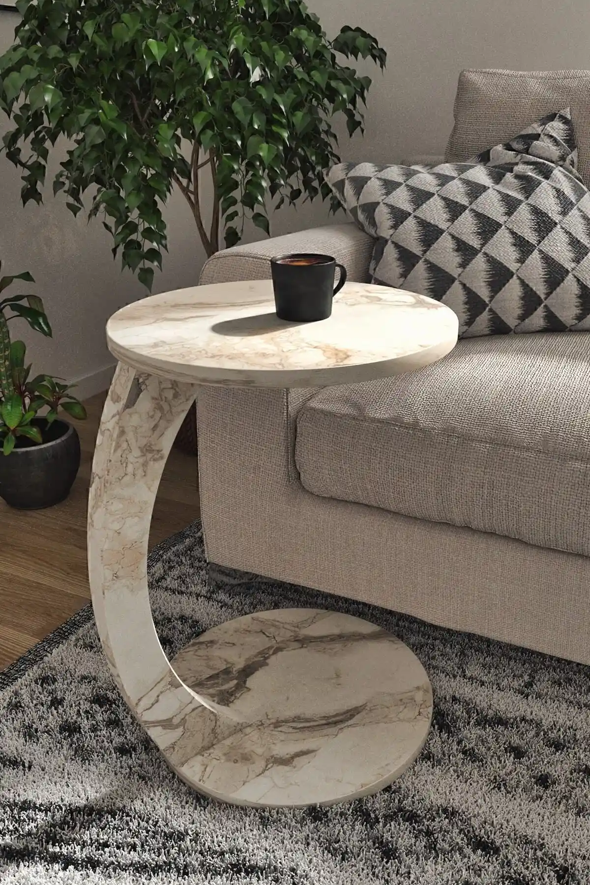 interGO Beyaz Mermer Desenli Tekerlekli Yan Sehpa: Modern ve Çok Yönlü Dekorasyon Parçası