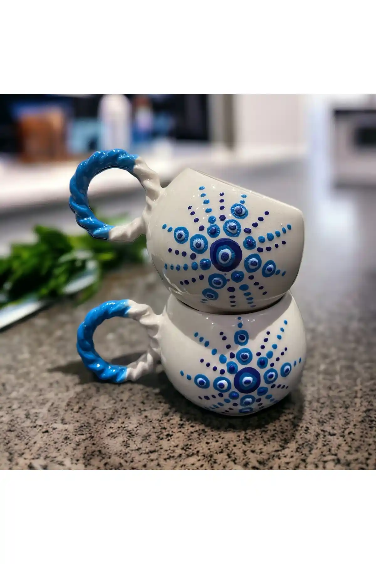 İZart 2’li Seramik Kupa Seti Baloncuk Nazar Desenli ve Mavi Renkli Tasarım