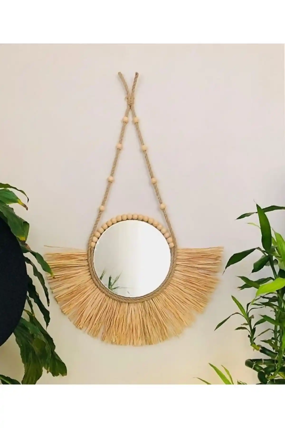 Kara.Shome Rafya Ayna Halatlı Duvar Aksesuarı: Doğal ve Şık Bohem Dekorasyon Seçeneği