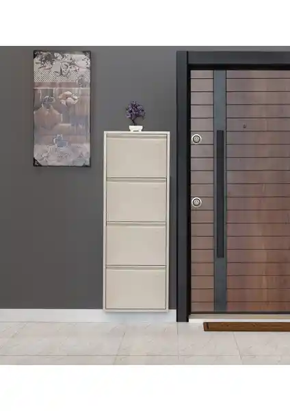 Kaser Krem Metal Ayakkabılık 4 Raflı Modern ve Dayanıklı Depolama Çözümü