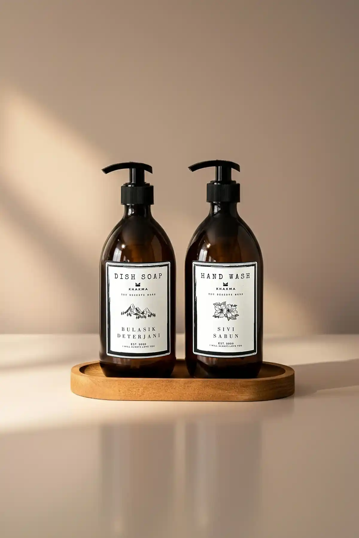 KHAKMA Oval Ahşap Stantlı 500ml Cam Sıvı Sabun Bulaşık Deterjanı Şişesi Sabunluk