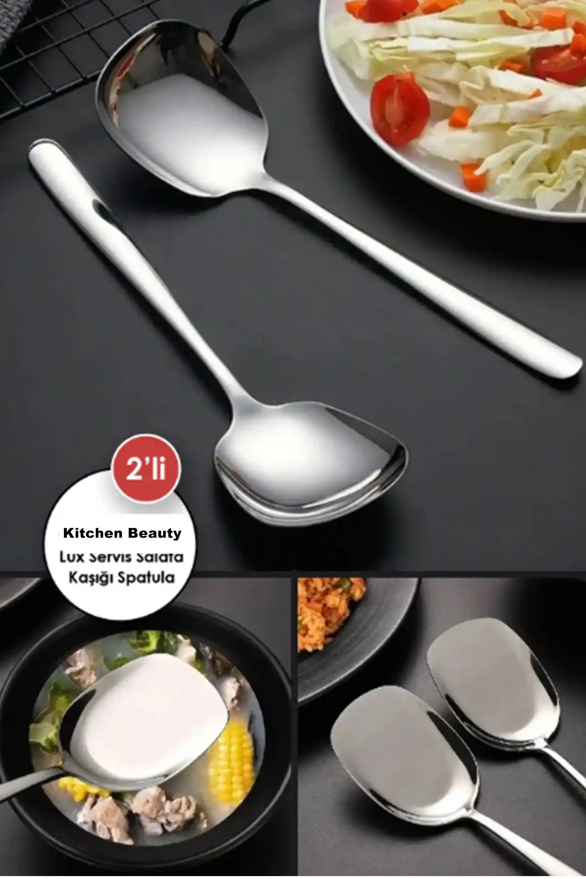Kitchen Beauty Paslanmaz Çelik Servis Salata Kaşığı ve Spatula Seti 21 Cm