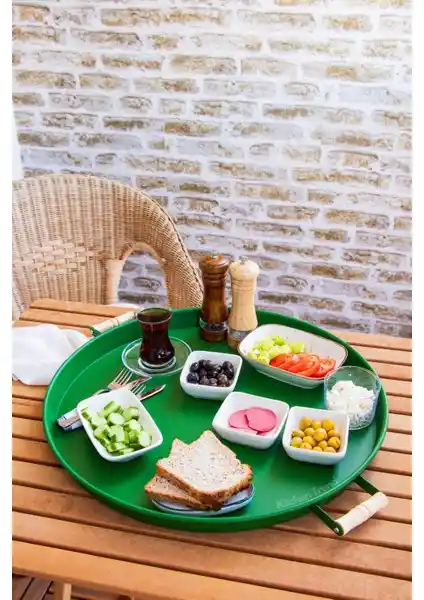 Kitchen Trend Galvaniz 51 cm Yeşil Ahşap Kulplu Yuvarlak Tepsi Özellikleri ve Kullanım Alanları