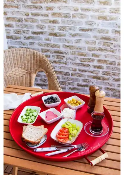 Kitchen Trend Kırmızı Ahşap Kulplu 51 cm Yuvarlak Tepsi ile Şık Sunumlar Yapın