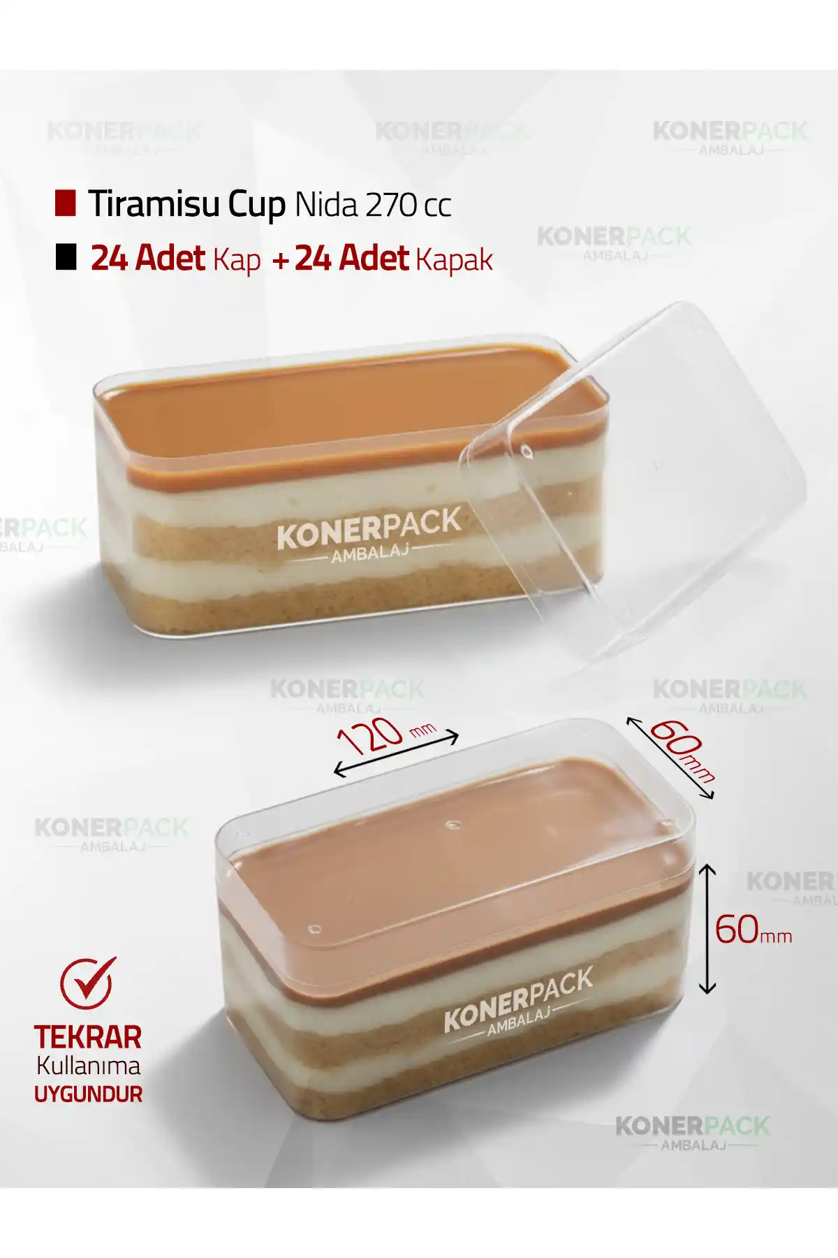 KONERPACK Tiramisu Cup Nida270cc: Şeffaf ve Kullanışlı Tatlı Sunum Kapları