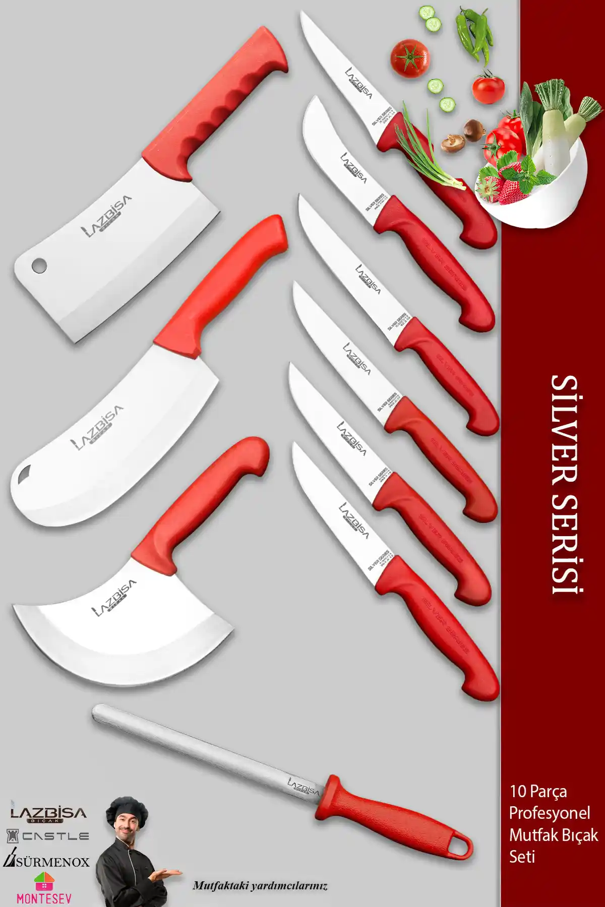 LAZBİSA Silver Pro Serisi 10 Parça Mutfak Bıçak Seti Profesyonel ve Ev Kullanımı İçin