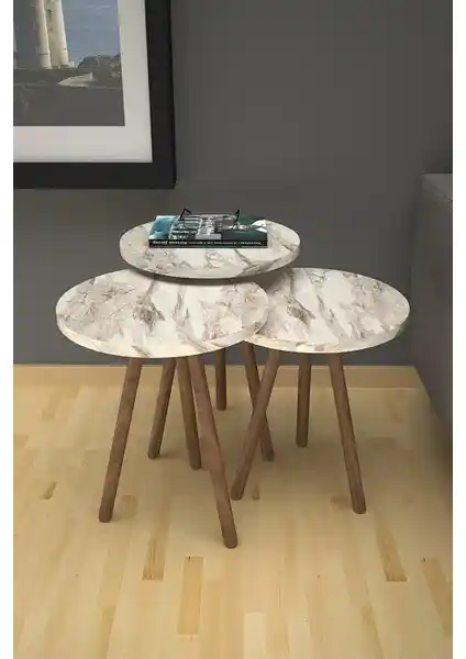 Limnizza Ahşap Ayaklı Efes Mermer Desenli Modern 3'lü Zigon Sehpa Seti