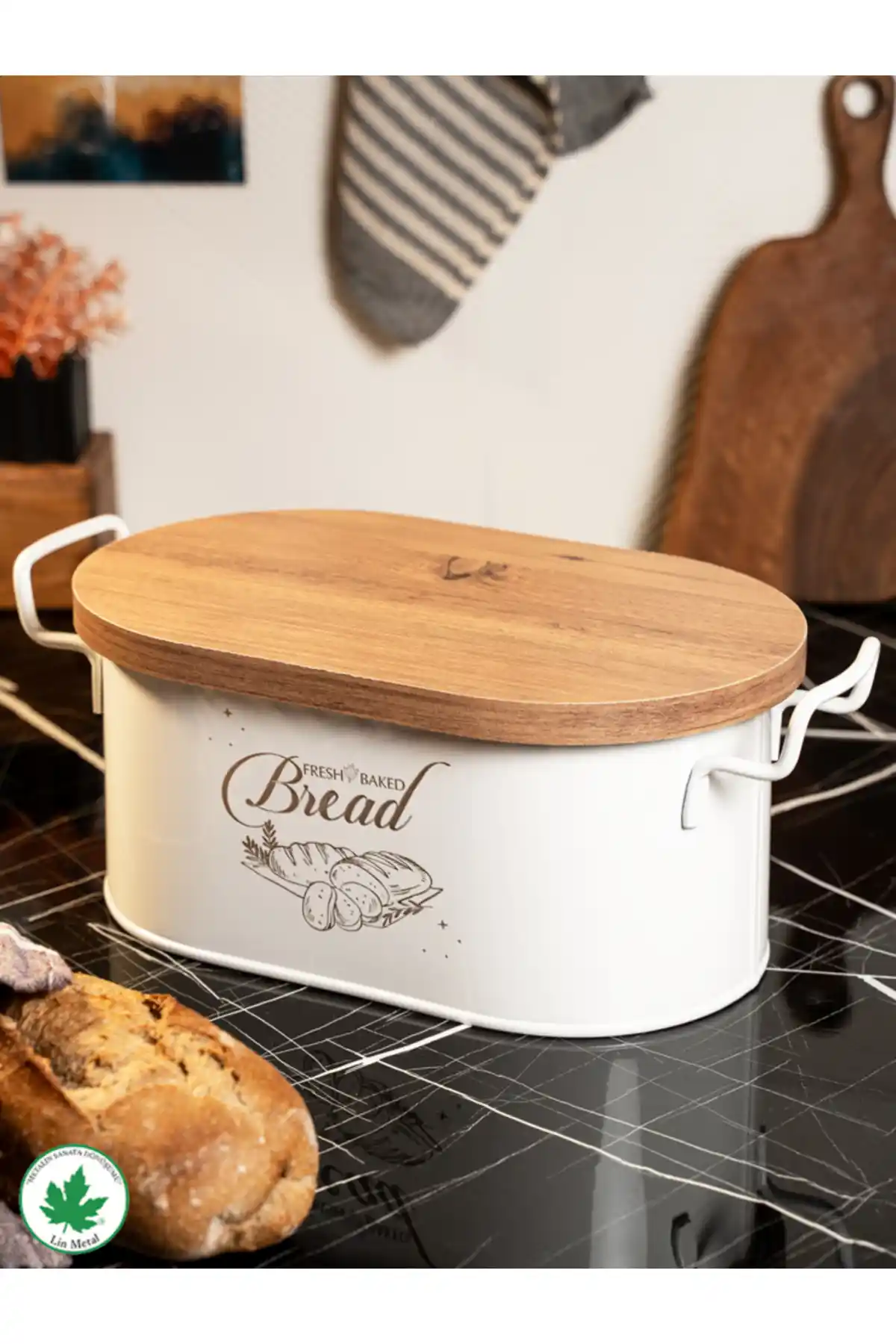 Lin Metal Ahşap Kapaklı Tel Kulplu Metal Ekmeklik Modern ve Dayanıklı Tasarım