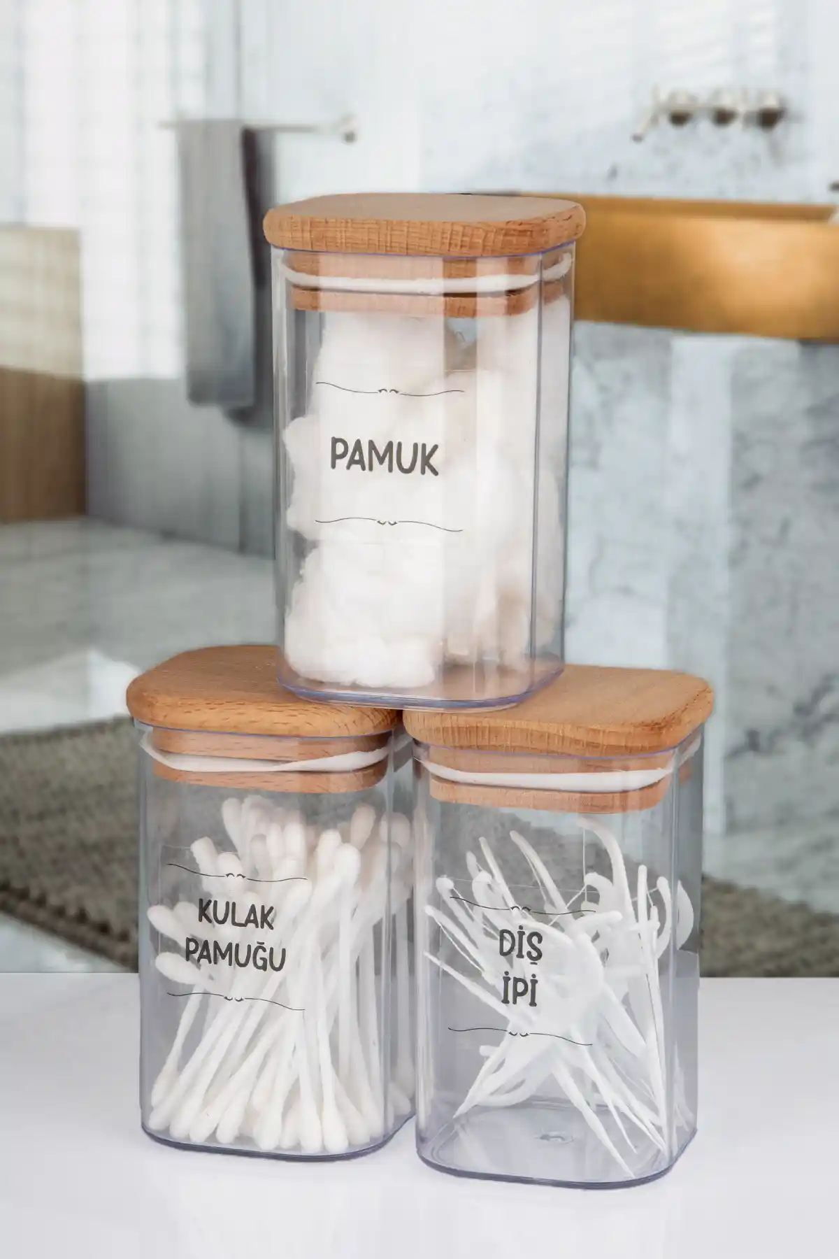 Lizzy 3'lü Ahşap Kapaklı Şeffaf Kavanoz Seti Modern ve Dayanıklı Banyo Düzeni Çözümü