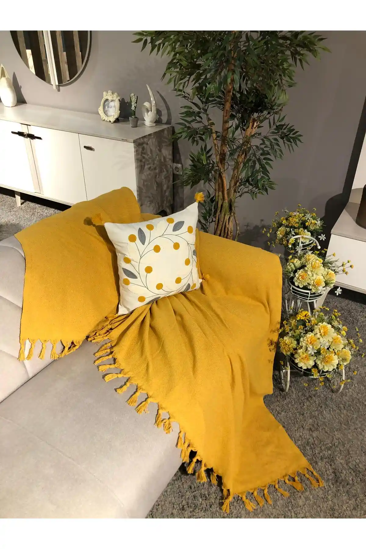 LUWİNO HOME Hardal Sarı Renkli Çizgili Koltuk Örtüsü Modern ve Dayanıklı Tasarım