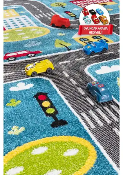 Melaris Halı 3 Boyutlu Trafik Arabalı Çocuk Odası İçin Güvenli ve Renkli Oyun Halısı