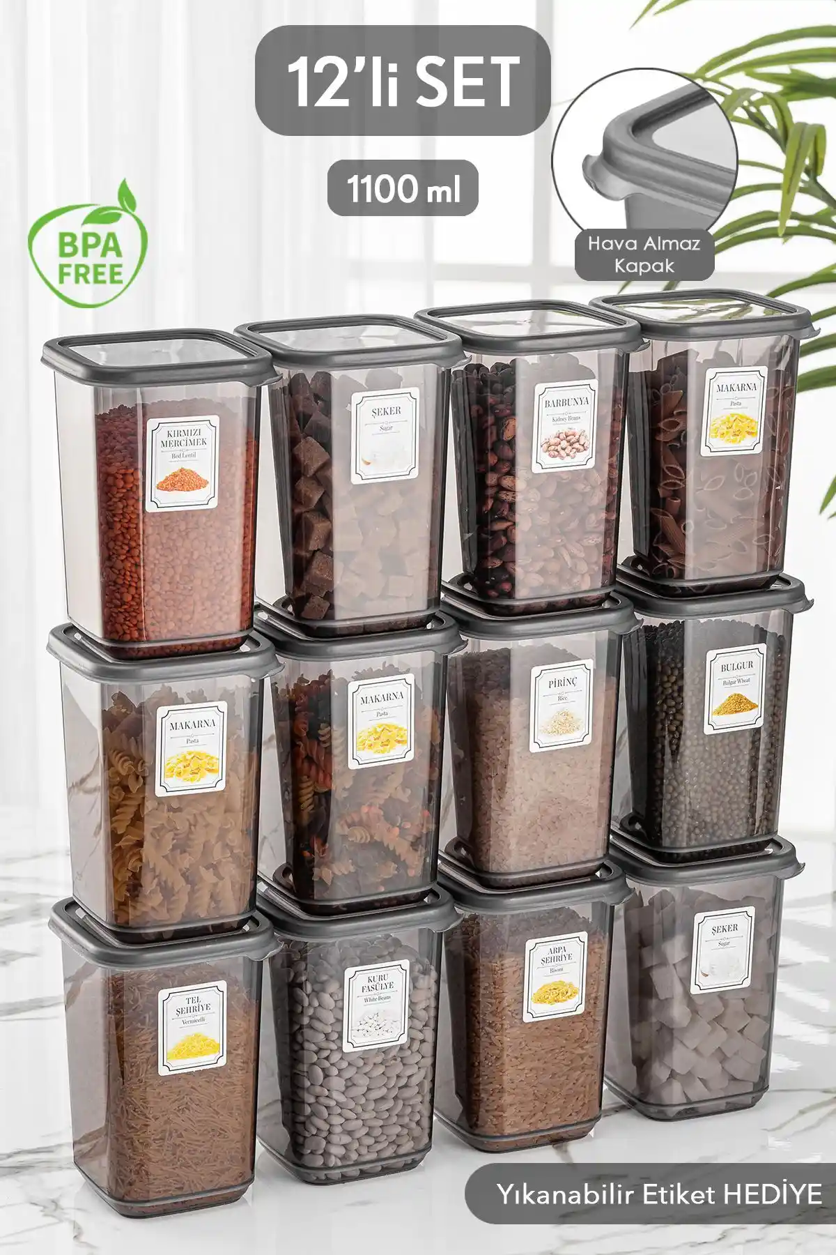 Meleni Home 12'li Kapaklı Kare Saklama Kabı Seti Gıda Güvenliği ve Mutfak Düzeni İçin