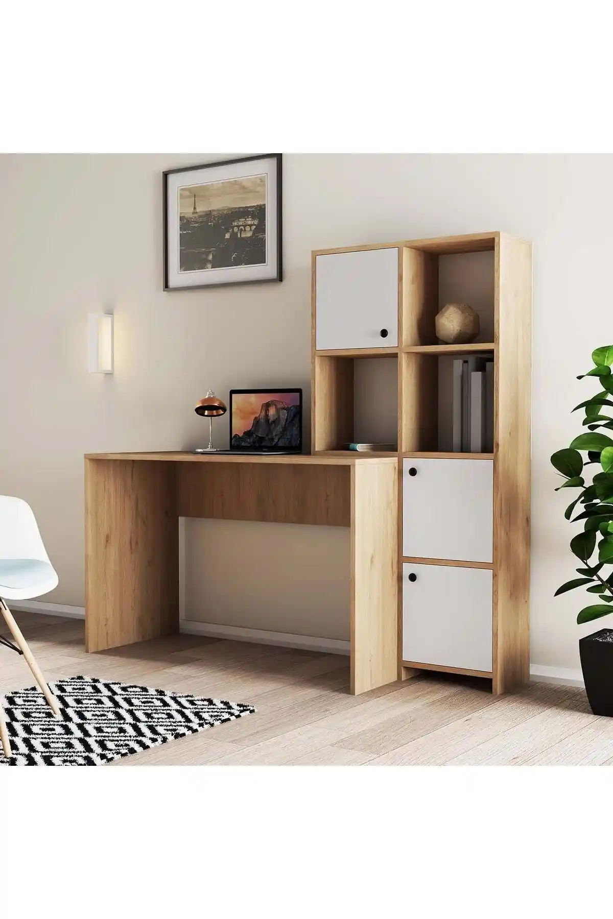 Mezza 1997 Sılence Kitaplık ve Çalışma Masası Takımı Beyaz Modern Mobilya Çözümü