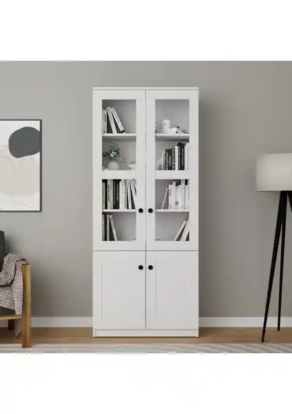 Midoser Lisa 4 Kapaklı Beyaz Vitrin Kitaplık ve Çok Amaçlı Dolap Modern Tasarım